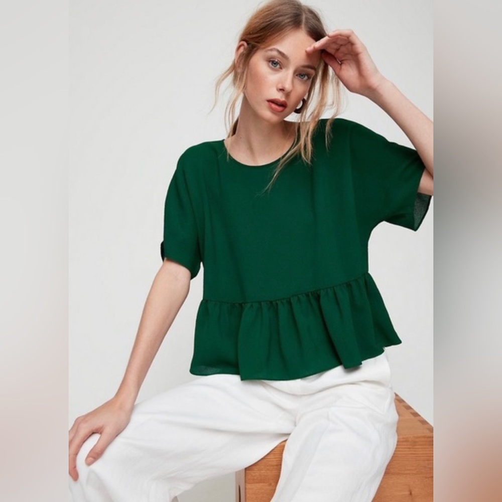Wilfred Dark Green Peplum Short Sleeve Blouse